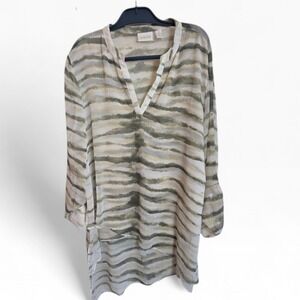 Chicos Size 3 Green Tiger Stripe Chiffon Tunic Blouse Roll Tab Sleeve XL XXL